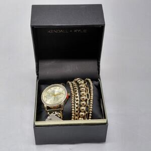 Kendall + Kylie Womens Gold Tone Watch Bracelet Set Crystal Bezel Gift Jewelry